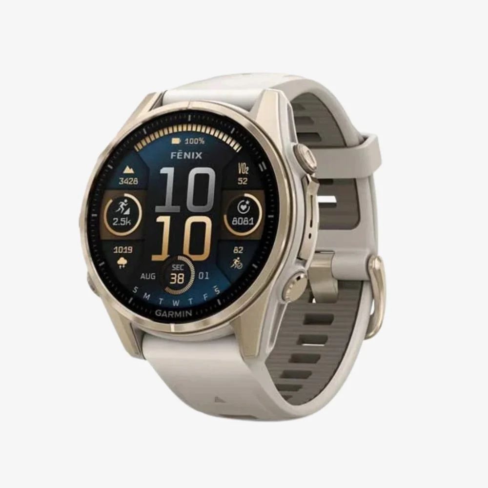Garmin fenix 8 AMOLED Sapphire 43mm Soft Gold with Fog Grey/Dark Sandstone Silicone Band