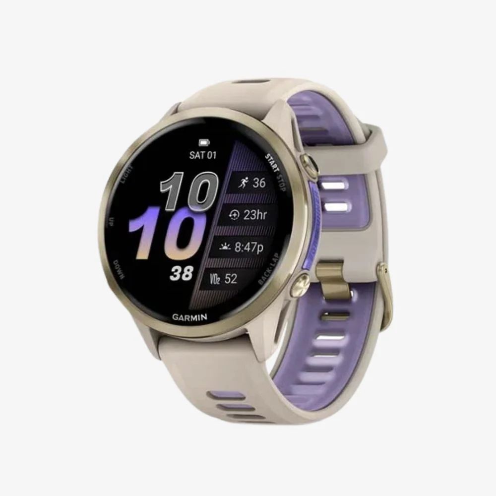 Garmin Forerunner 970 Soft Gold Titanium, French Grey Case, French Grey/Translucent Indigo Band