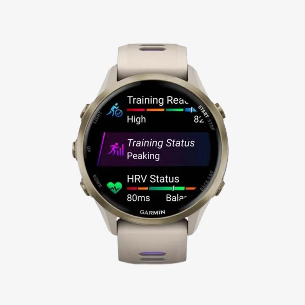 Garmin Forerunner 970 Soft Gold Titanium, French Grey Case, French Grey/Translucent Indigo Band, image 2